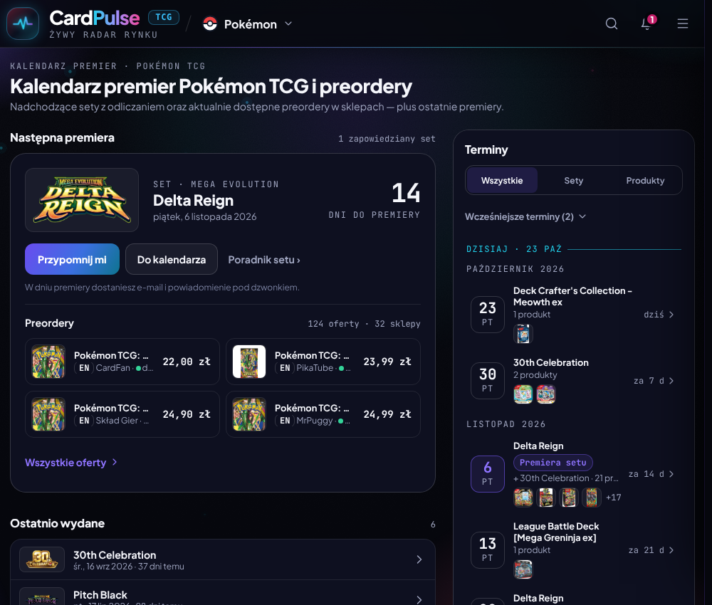 Kalendarz premier Pokémon TCG w CardPulse z Delta Reign i 30th Celebration