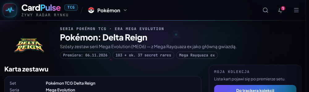 Strona przewodnika po secie Pokémon Delta Reign w CardPulse