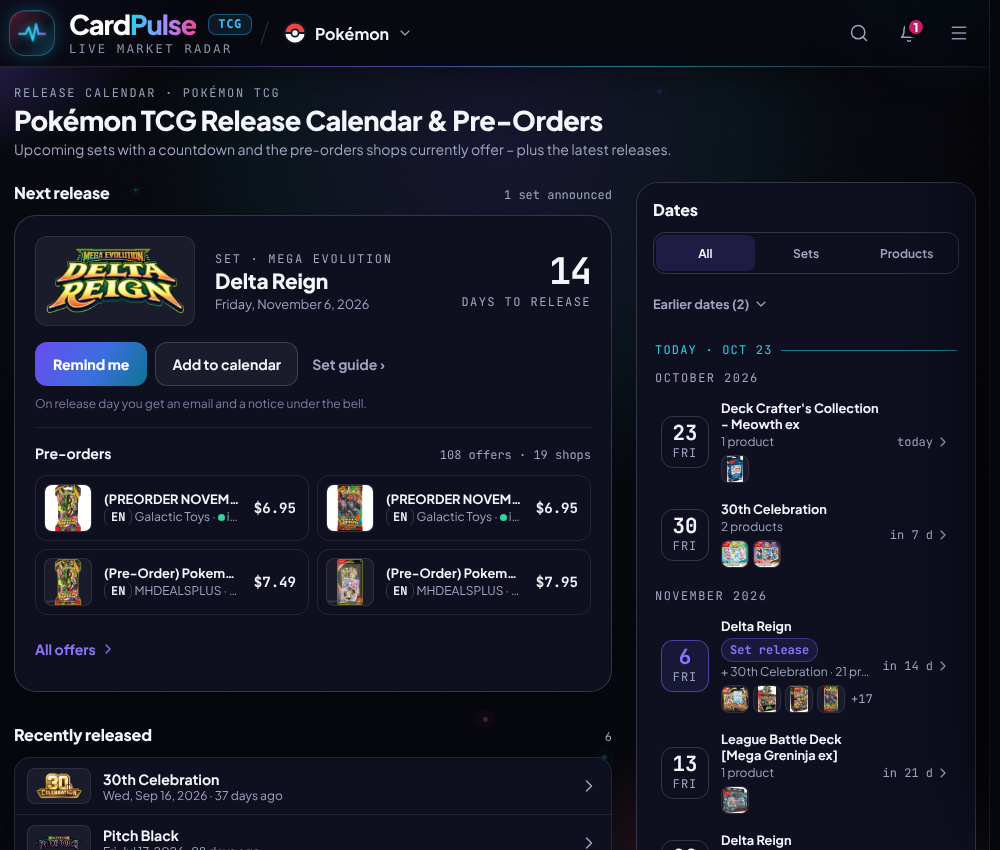 Pokémon TCG release calendar on CardPulse showing Delta Reign and 30th Celebration
