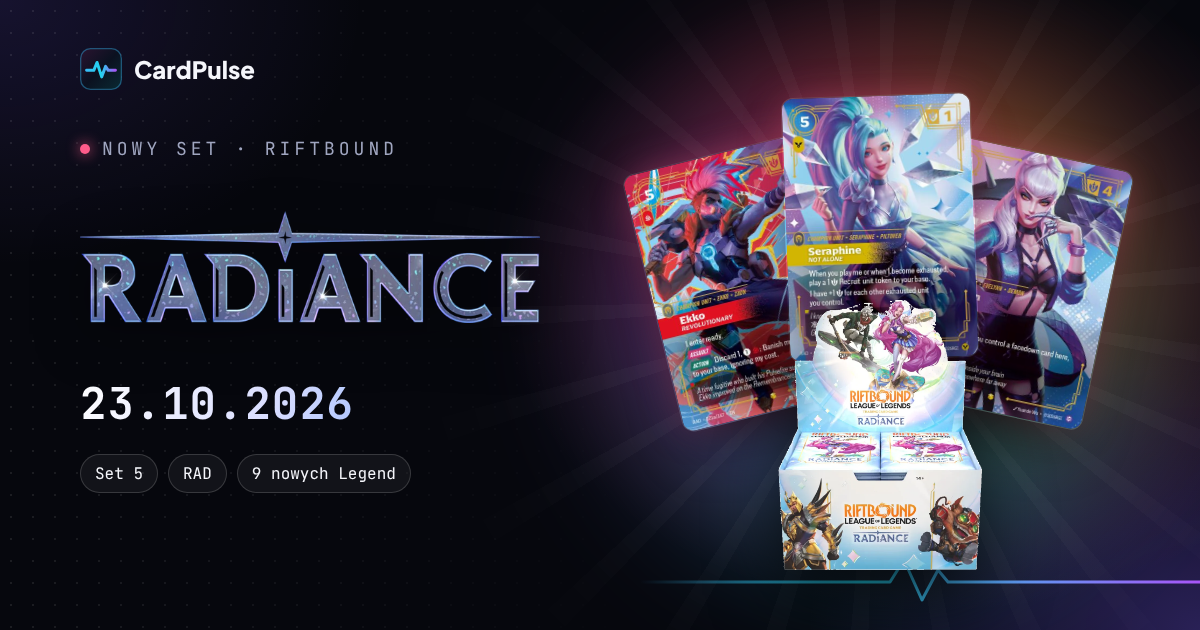 Riftbound Radiance: logo setu, data premiery 23.10.2026, display i trzy karty Showcase