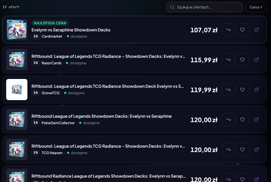 Lista ofert Showdown Decks Evelynn vs Seraphine z Riftbound Radiance w Polsce, 23 października 2026