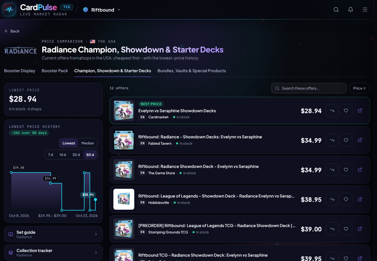Prices of the Radiance Showdown Decks Evelynn vs. Seraphine in US shops with lowest-price history, October 23, 2026