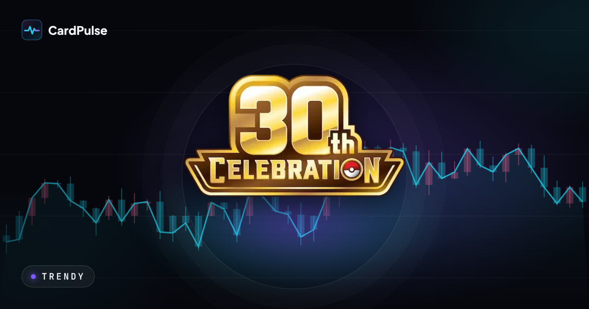 Logo 30th Celebration i tytuł artykułu o spadających cenach kart