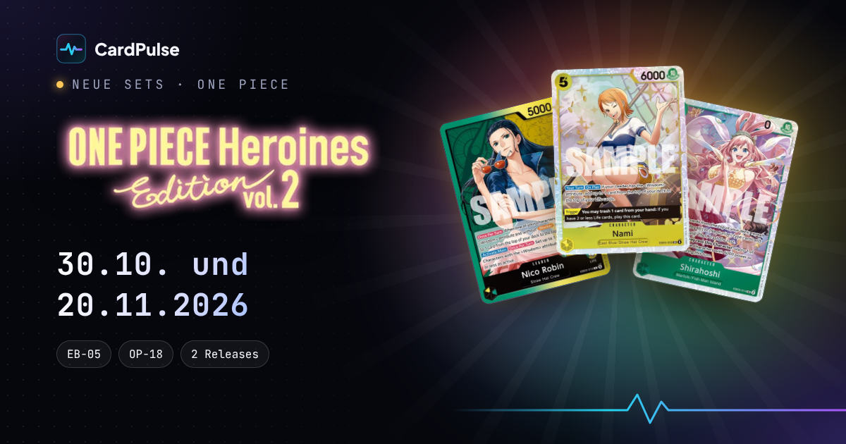 Karten Nico Robin, Nami und Shirahoshi aus One Piece EB-05 neben dem Logo Heroines Edition Vol. 2