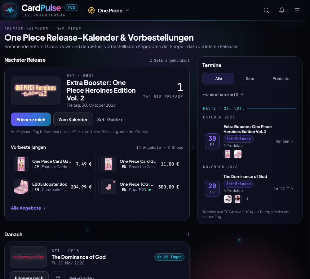 One-Piece-Releasekalender in CardPulse mit EB-05 und OP-18
