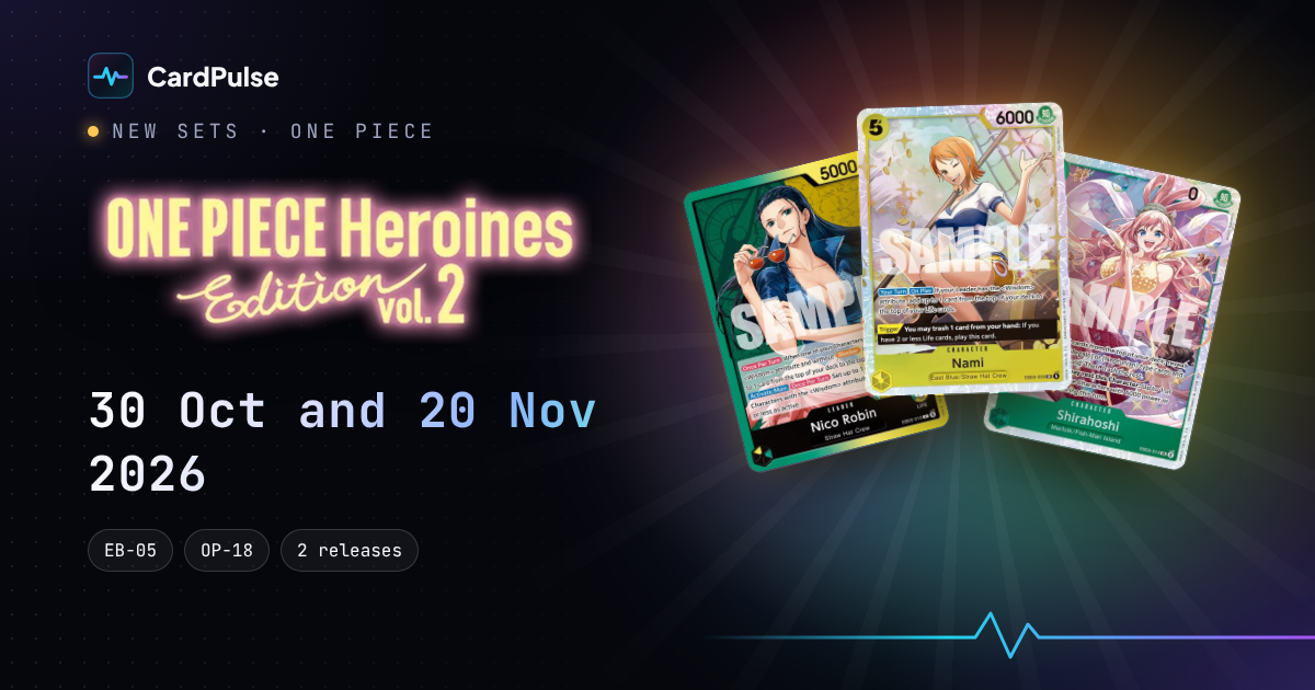 Nico Robin, Nami and Shirahoshi cards from One Piece EB-05 beside the Heroines Edition Vol. 2 logo