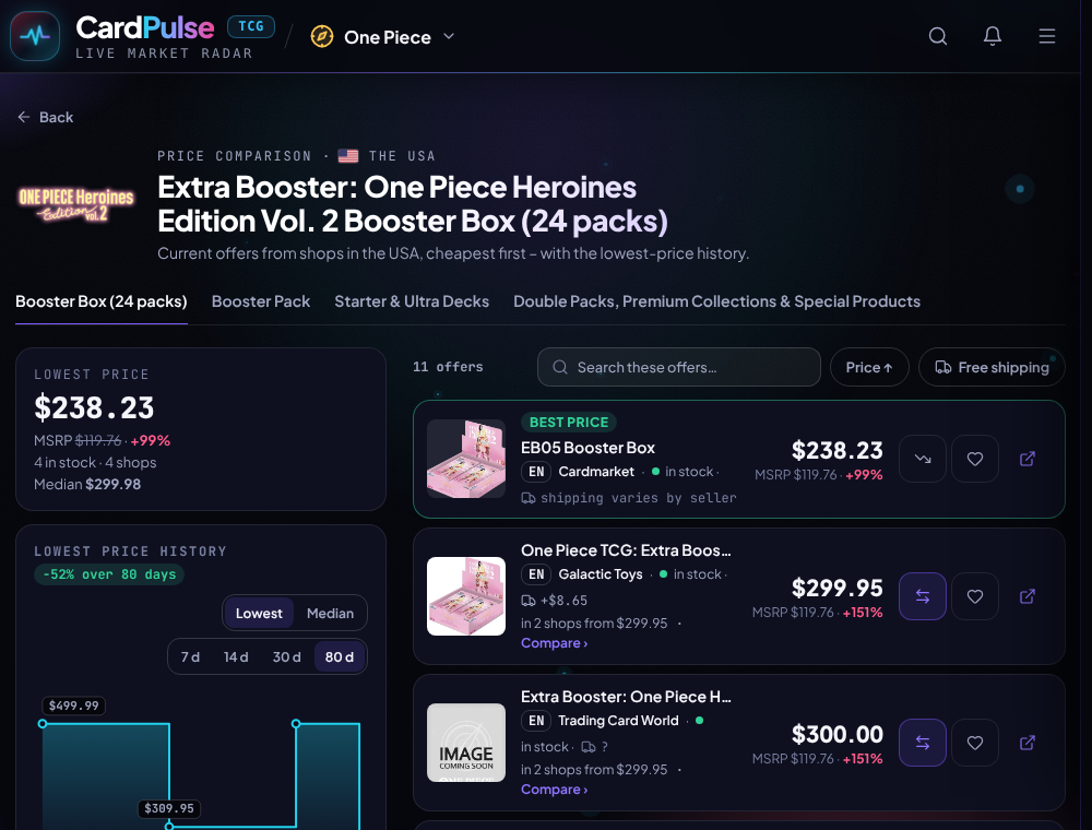CardPulse price comparison page for the EB-05 booster box with shop offers and Cardmarket