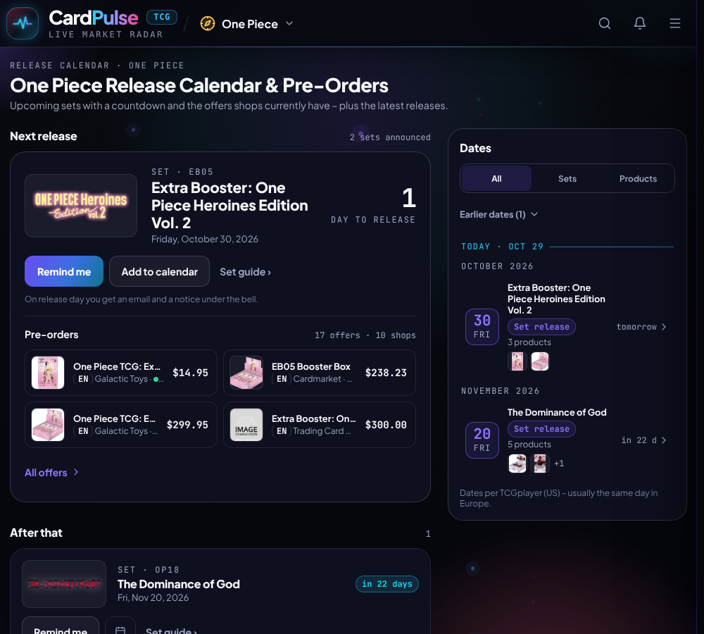 One Piece release calendar in CardPulse showing EB-05 and OP-18