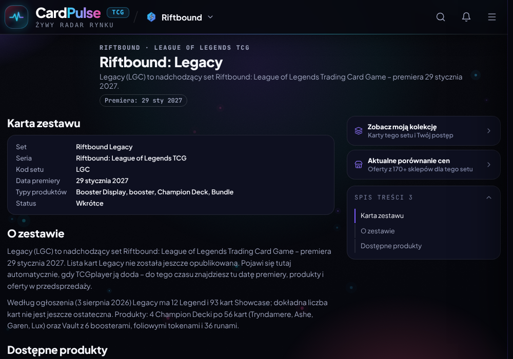 Przewodnik po secie Riftbound Legacy w CardPulse: karta zestawu, data premiery 29 stycznia 2027 i lista produktów