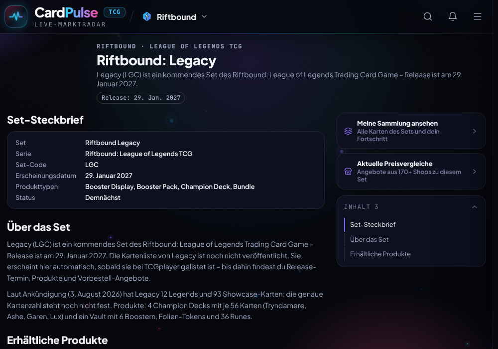 Set-Guide Riftbound Legacy bei CardPulse: Steckbrief, Release-Datum 29. Januar 2027 und Produktliste