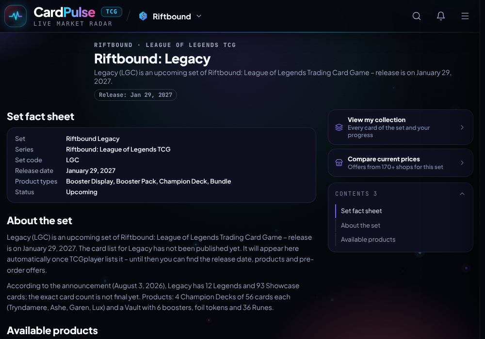 Riftbound Legacy set guide on CardPulse: fact sheet, release date January 29, 2027 and product list