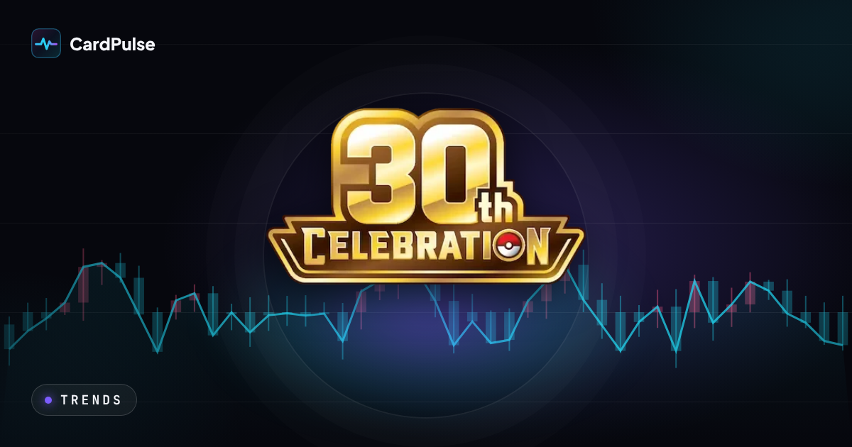 30th Celebration logo with the title of the article on falling card prices