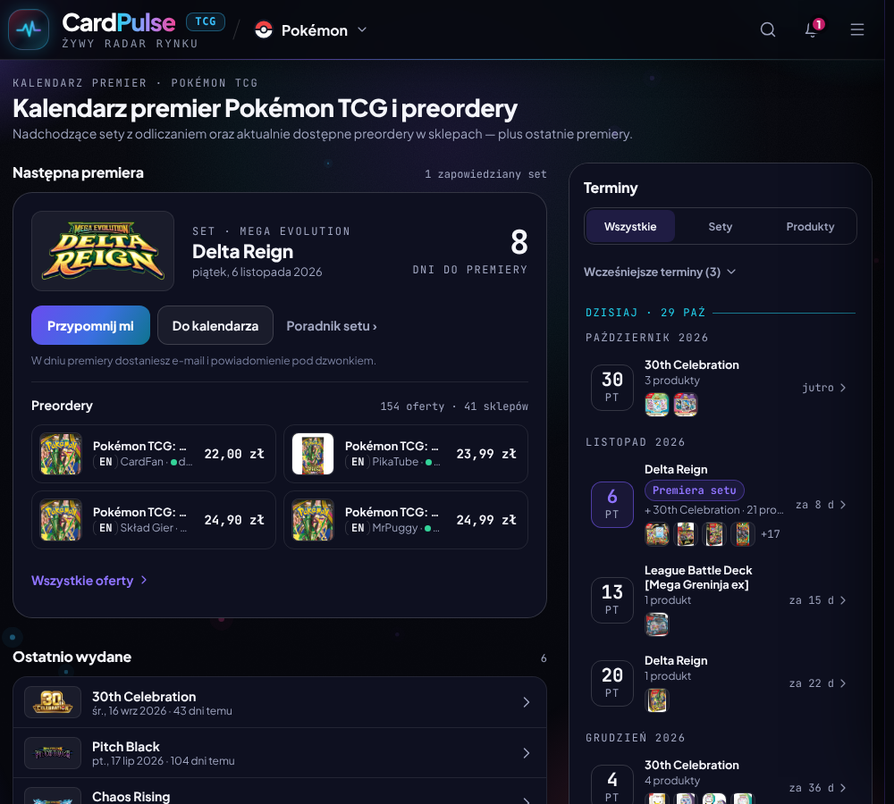 Kalendarz premier CardPulse z odliczaniem do premiery Delta Reign i listą preorderów w polskich sklepach
