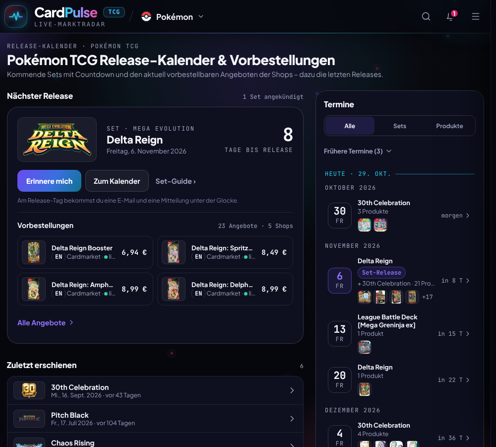 CardPulse-Release-Kalender mit Countdown bis zum Delta-Reign-Release und der Liste der Vorbestellungen in deutschen Shops