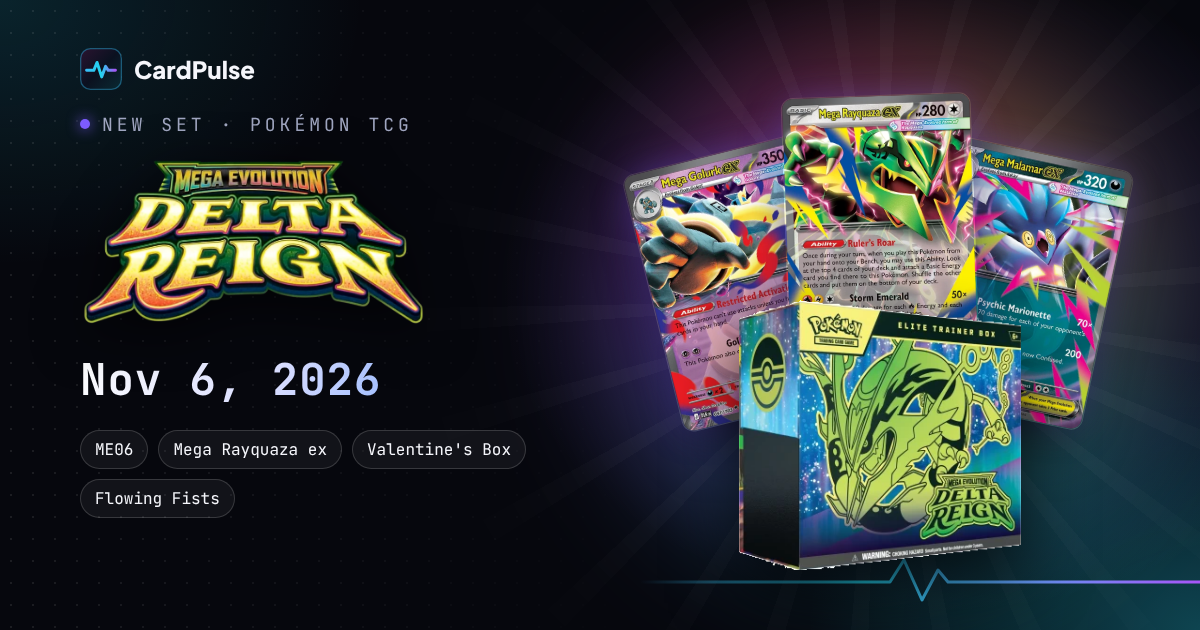 Delta Reign: set logo, three Mega ex cards and the Elite Trainer Box, release 6 November 2026