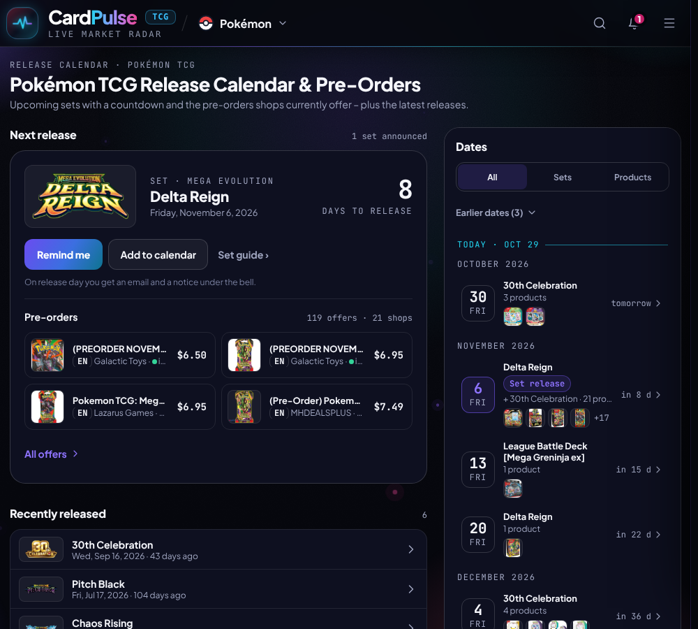 CardPulse release calendar with the countdown to the Delta Reign release and the list of preorders in US shops