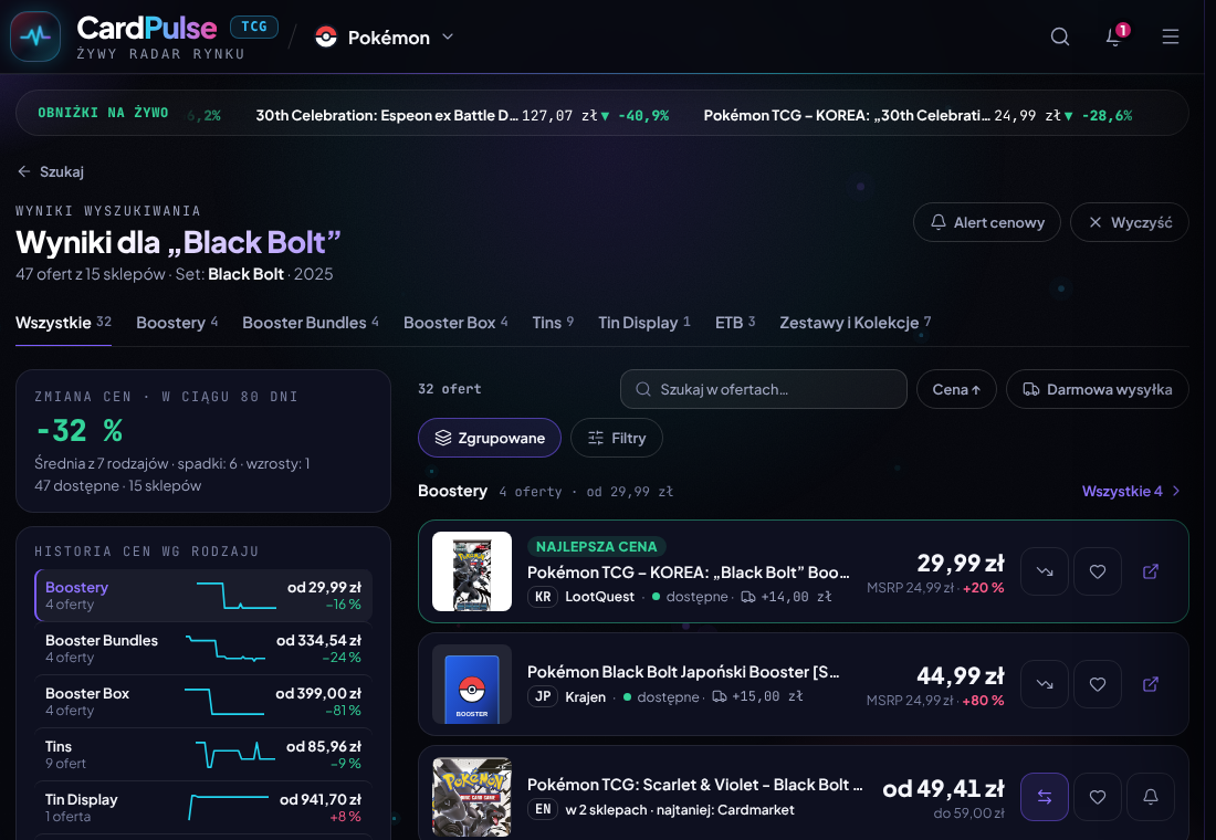 Wyniki wyszukiwania Black Bolt w CardPulse ze znacznikami języka KR, JP i EN przy ofertach boosterów