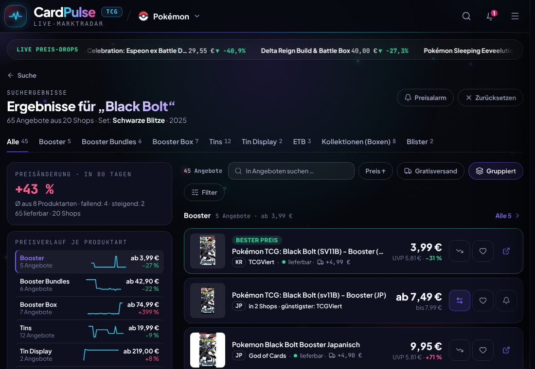 CardPulse-Suchergebnisse zu Black Bolt mit Sprachkennzeichen KR und JP an den Booster-Angeboten