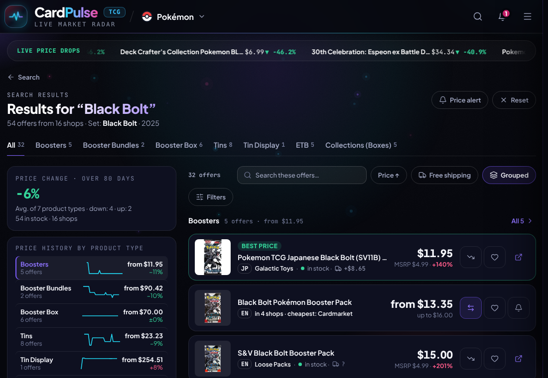 CardPulse search results for Black Bolt with language labels JP and EN on the booster offers