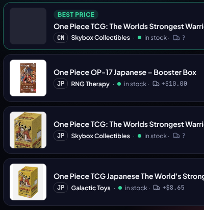 Cut-out of the CardPulse offer list for the OP-17 booster box in the US with CN and JP language badges next to the shop names