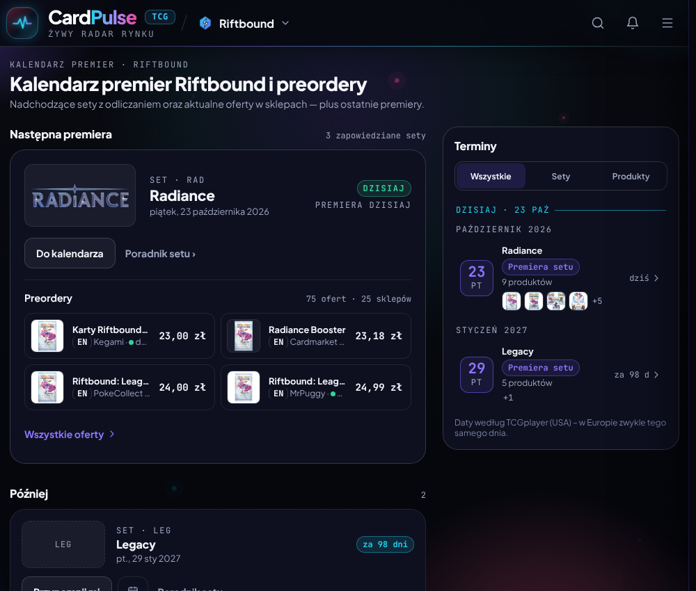 Kalendarz wydań Riftbound w CardPulse z premierą Radiance 23 października 2026