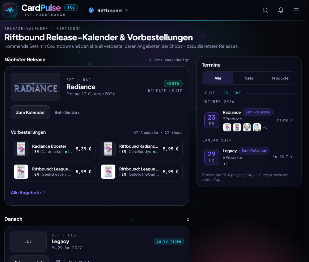 Riftbound-Release-Kalender bei CardPulse mit dem Radiance-Release am 23. Oktober 2026