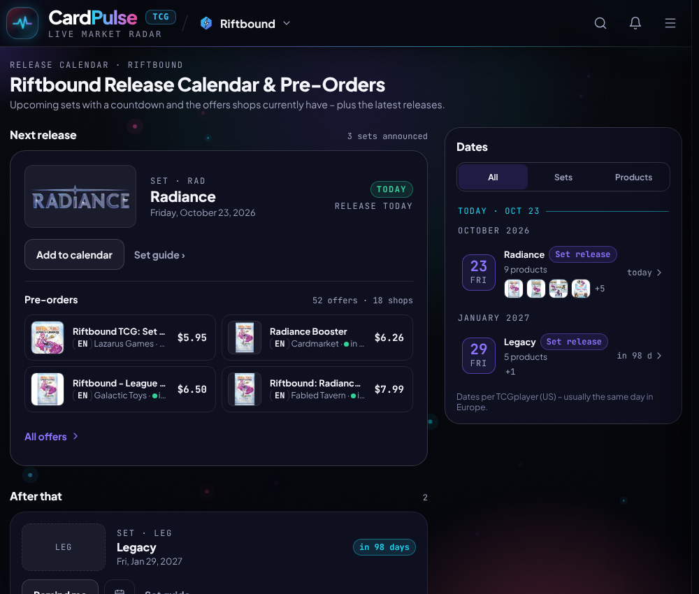 Riftbound release calendar on CardPulse with the Radiance release on October 23, 2026